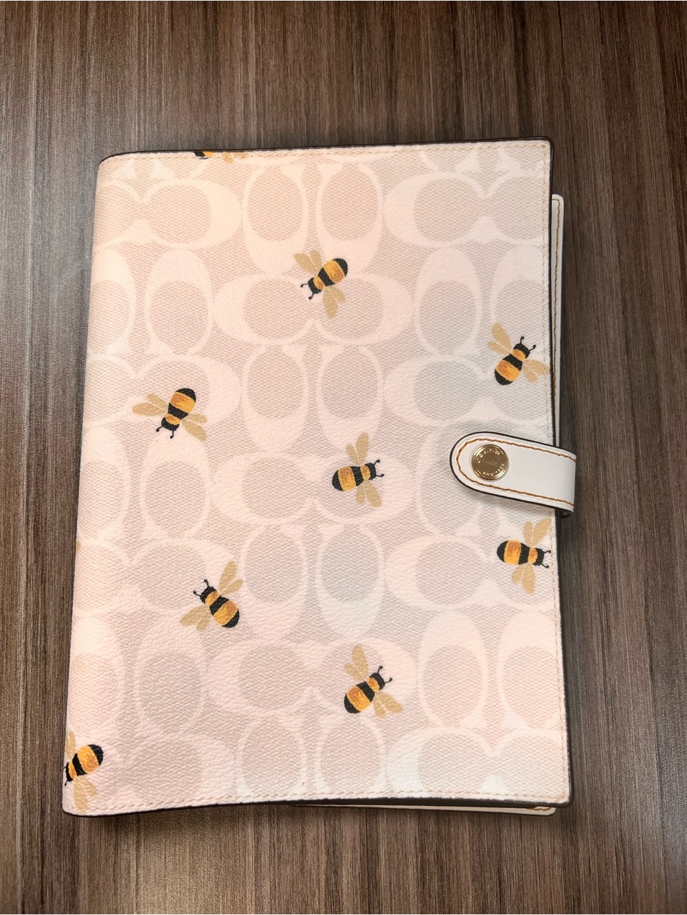 Coach Pink Bee Print Leather Foldover Notebook Cover